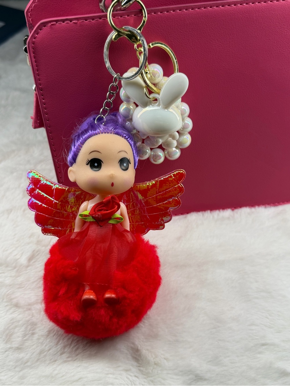 Purple-Haired Angel Doll Keychain with Red Dress and Shimmer Wings